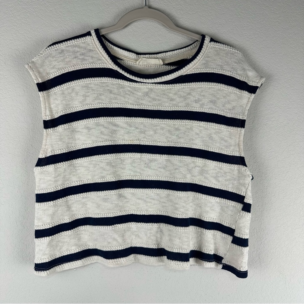 By Together Dark Blue White Stripe Knit Cap Sleeve Top Size Medium